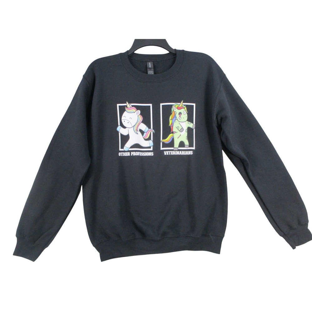 Gildan Heavy Blend Black Veterinarian Zombie Unicorn Graphic Sweatshirt Small